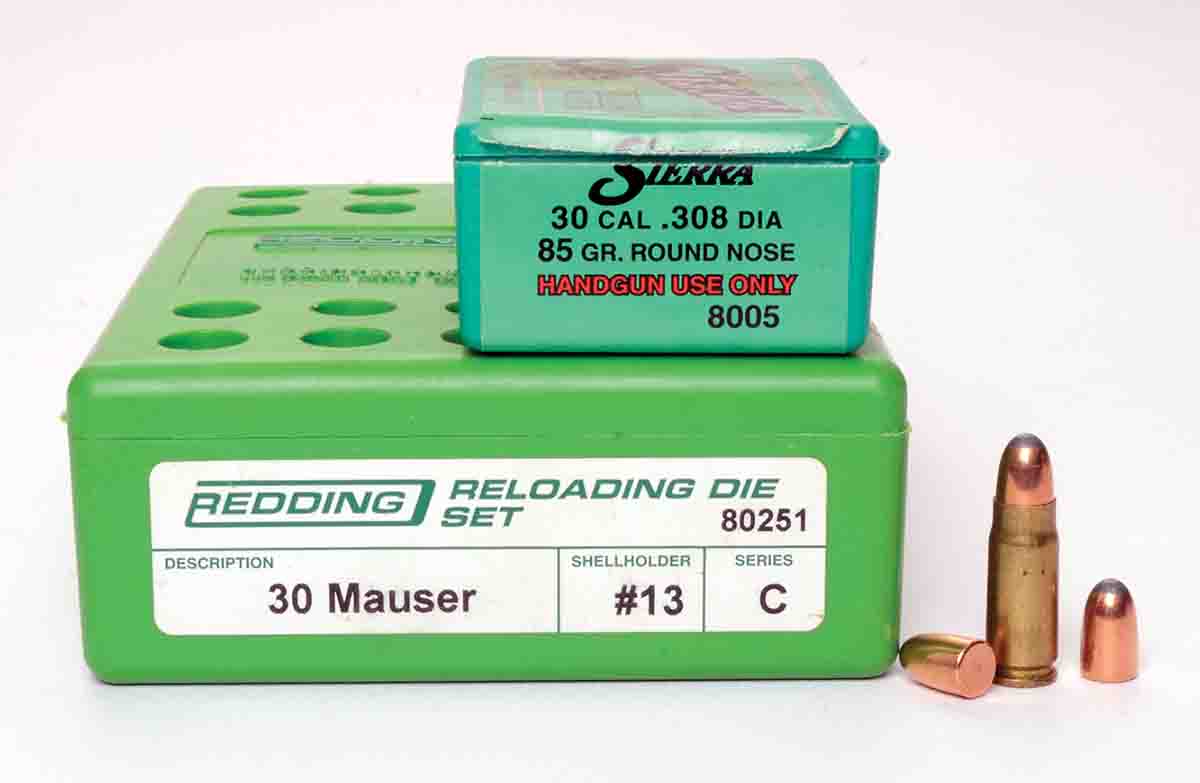 Reloading dies for .30 Mauser are fine for handloading 7.62x25mm, as are .308-inch jacketed bullets weighing between 80 and 90 grains.